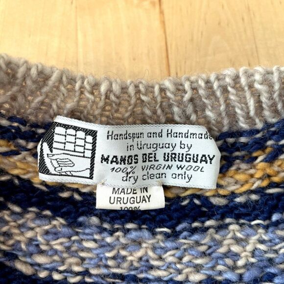 Vintage 1970s Womens Hand Knit Hand Spun Wool Blue Fair Isle Hippy Cardigan Sz S - Picture 9 of 9